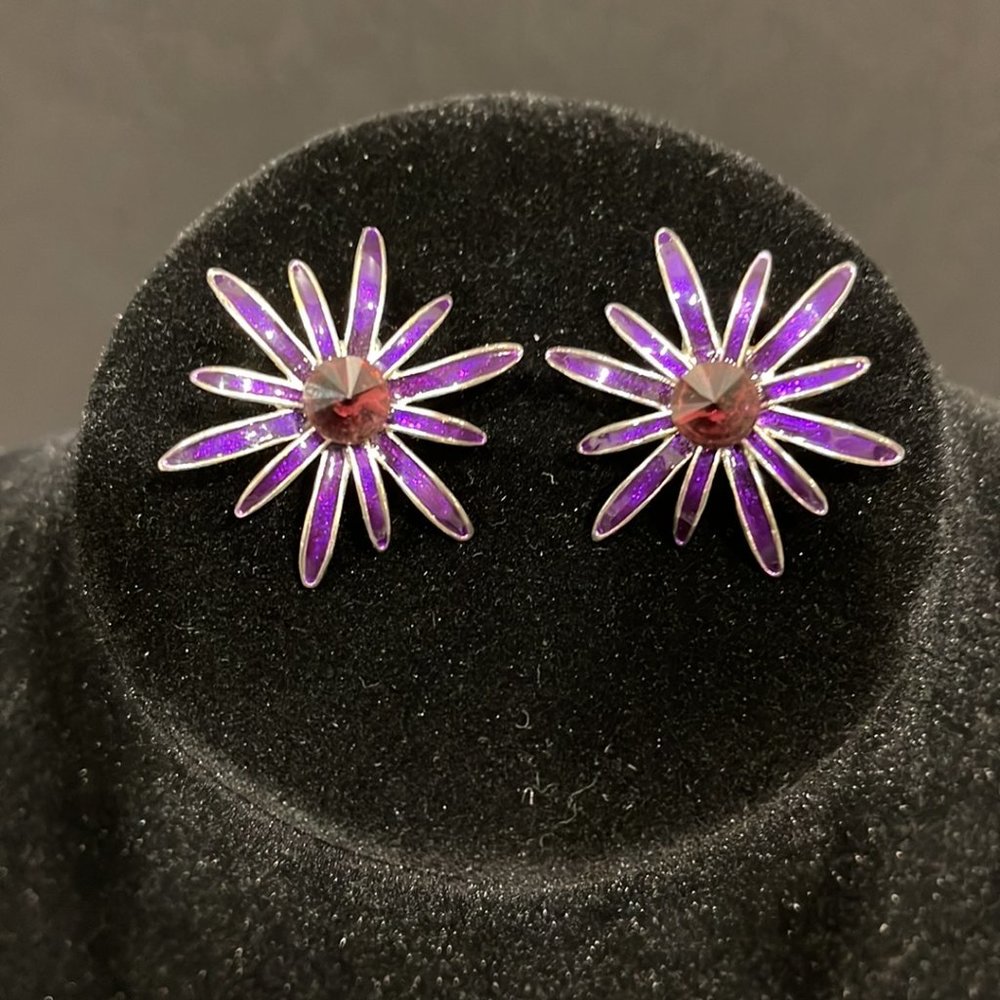 Purple Floral Earrings with Ruby Center - Picture 2 of 3